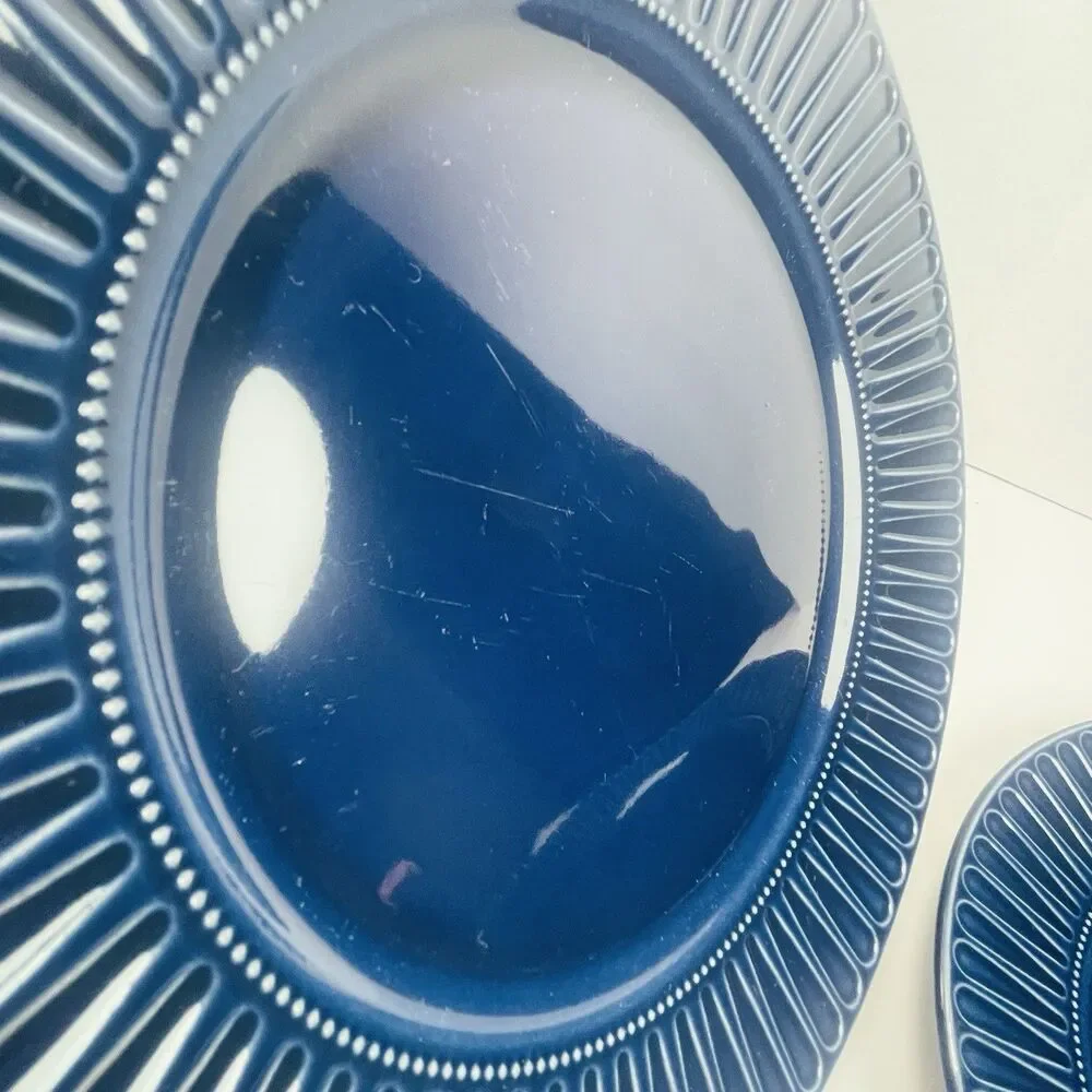 Set of 4 IKEA Strimmig Cobalt Navy Blue Ribbed Rim 10.5” Dinner Plates 12011